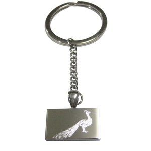 Silver Toned Rectangular Etched Peacock Bird Pendant Keychain